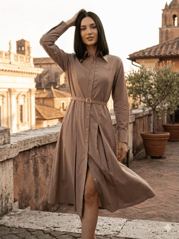 Taupe Pure Cotton Pinstripe Shirt Dress